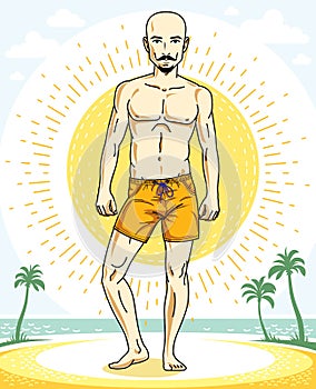 Handsome bald man with stylish beard and whiskers posing on tropical beach in colorful shorts. Vector character. Summer holidays