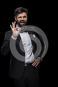 Handsome bearded businessman in bow tie winking and showing ok sign