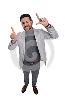 Handsome bearded businessman in suit on white background, above view