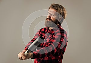 handsome bearded guy with beard and moustache hold baseball bat, brutality