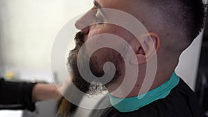 Handsome bearded man is getting beard styling at the barbershop. Barber hands styling hair of his client, using a small