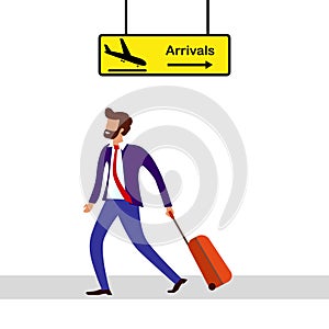 handsome bearded man in suit with red tie and travel bag on wheels moves from direction of arrival