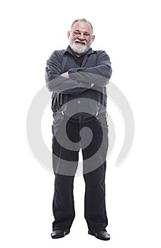 Handsome, bearded man in trousers with suspenders. isolated on a white