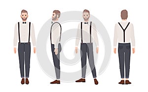 Handsome bearded man wearing trousers with suspenders, shirt, bow tie. Elegant outfit. Stylish male cartoon character