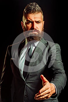 Handsome bearded man. Welcome to business. Ready to work. Businessman greeting. Power man and business. Serious business