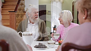 Handsome bearded senior man and beautiful woman with gray hair talking drinking tea sitting with friends at table at