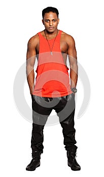 Handsome black man. Full length, on white background.