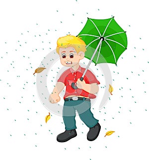 Handsome boy cartoon standing under rain bring umbrella with smile photo