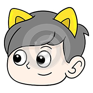 Handsome boy head wearing cat ear headband, doodle icon drawing