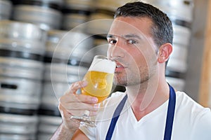 Handsome brewer in uniform tasting beer at brewery