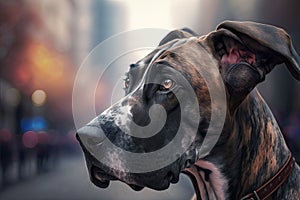 A handsome brindle Great Dane in the city. Blurred background. Generative AI.