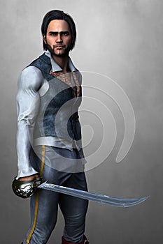 Handsome brooding male pirate in traditional buccaneer style clothing holding a cutlass sword