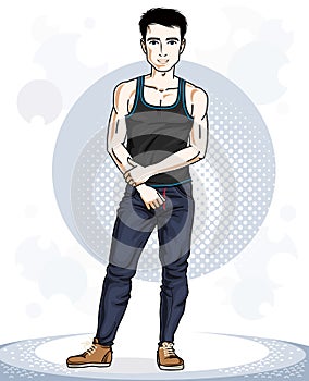 Handsome brunet young man standing. Vector illustration of sport