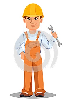 Handsome builder in uniform. Professional construction worker.