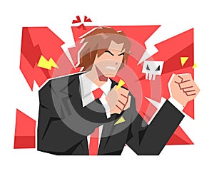 handsome business man is angry, fist clenched, want to punch. angry sign icon, lightning, skull. flat vector illustration