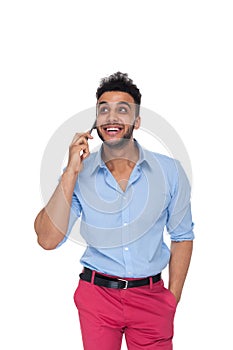 Handsome Business Man Cell Smart Phone Call Look Up To Copy Space Happy Smile, Businessman Wear Blue Shirt