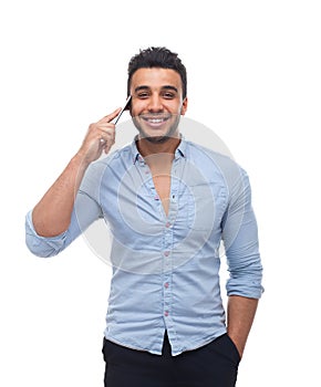 Handsome business man cell smart phone call speak happy smile