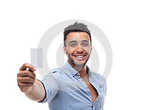 Handsome business man displaying blank empty business card happy smile