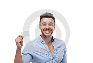 Handsome business man displaying blank empty business card happy smile