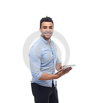 Handsome business man happy smile, businessman hold tablet pad computer