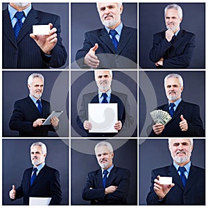 Handsome business man holding blank card
