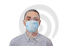 Handsome business man wearing medical face mask isolated on white background.
