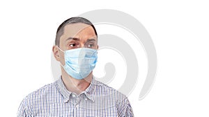 Handsome business man wearing medical face mask isolated on white background.