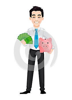 Young business man holding money and piggy bank.