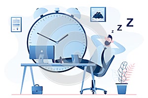 Handsome businessman or clerk sleeping on modern workplace. Break time concept