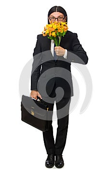 Handsome businessman with flower and brief case