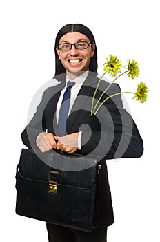 Handsome businessman with flower and brief case