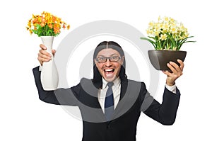 Handsome businessman with flower pot isolated on