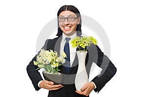 Handsome businessman with flower pot isolated on