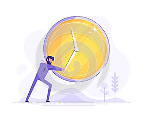 Handsome businessman in formal suit with beard is trying to stop time. Deadline and time management concept. Modern flat vector