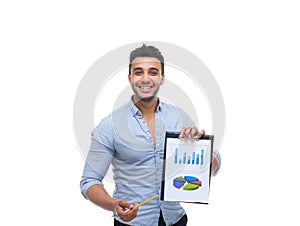 Handsome businessman holding clipboard, folder with papers, financial business plan report