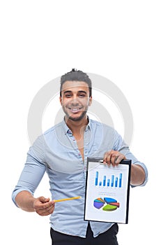 Handsome businessman holding clipboard, folder with papers, financial business plan report