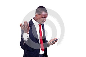 Portrait of a handsome businessman cellphone, gesturing