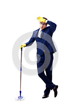 The handsome businessman with the mop isolated on white background