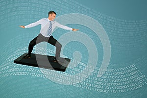 Handsome businessman surfing on binary codes waves