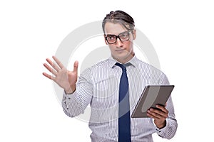 Handsome businessman working with tablet computer isolated on wh