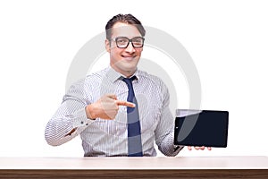 Handsome businessman working with tablet computer isolated on wh