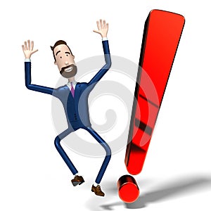 Handsome cartoon businessman and exclamation mark - 3D illustration photo