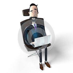 Handsome cartoon businessman sitting in office chair and working on a laptop - 3D illustration
