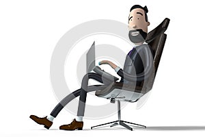 Handsome cartoon businessman sitting in office chair and working on a laptop - 3D illustration