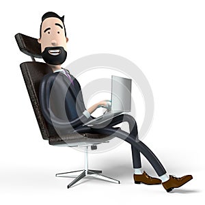 Handsome cartoon businessman sitting in office chair and working on a laptop - 3D illustration