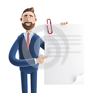 3d illustration. Handsome businessman Billy holds a completed document. photo