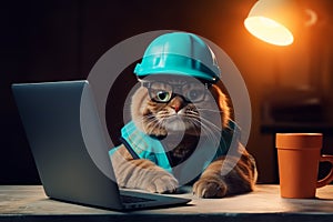 Handsome cat engineer construction worker sitting at the desk and using notebook for work