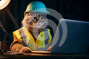 Handsome cat engineer construction worker sitting at the desk and using notebook for work