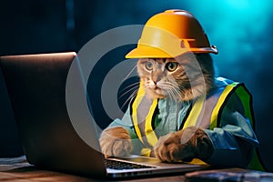 Handsome cat engineer construction worker sitting at the desk and using notebook for work