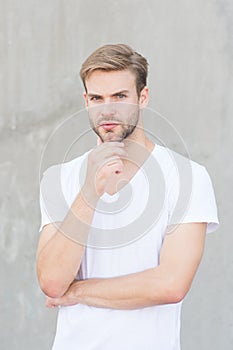 Handsome caucasian man gray background. Ideal traits that make man physically attractive. Bearded guy casual style close